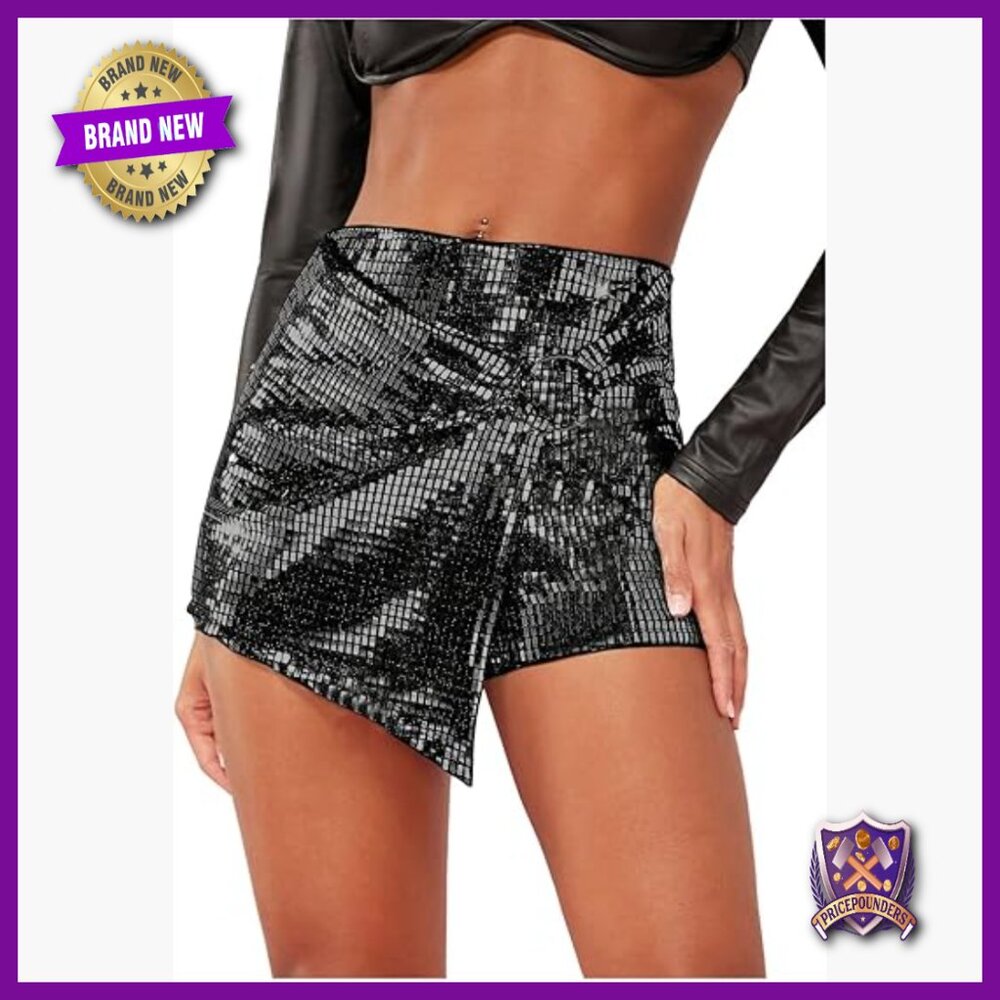 Sequin Skort Metallic Wrap Front Sparkly Shorts Y2K Rave Party Wear
